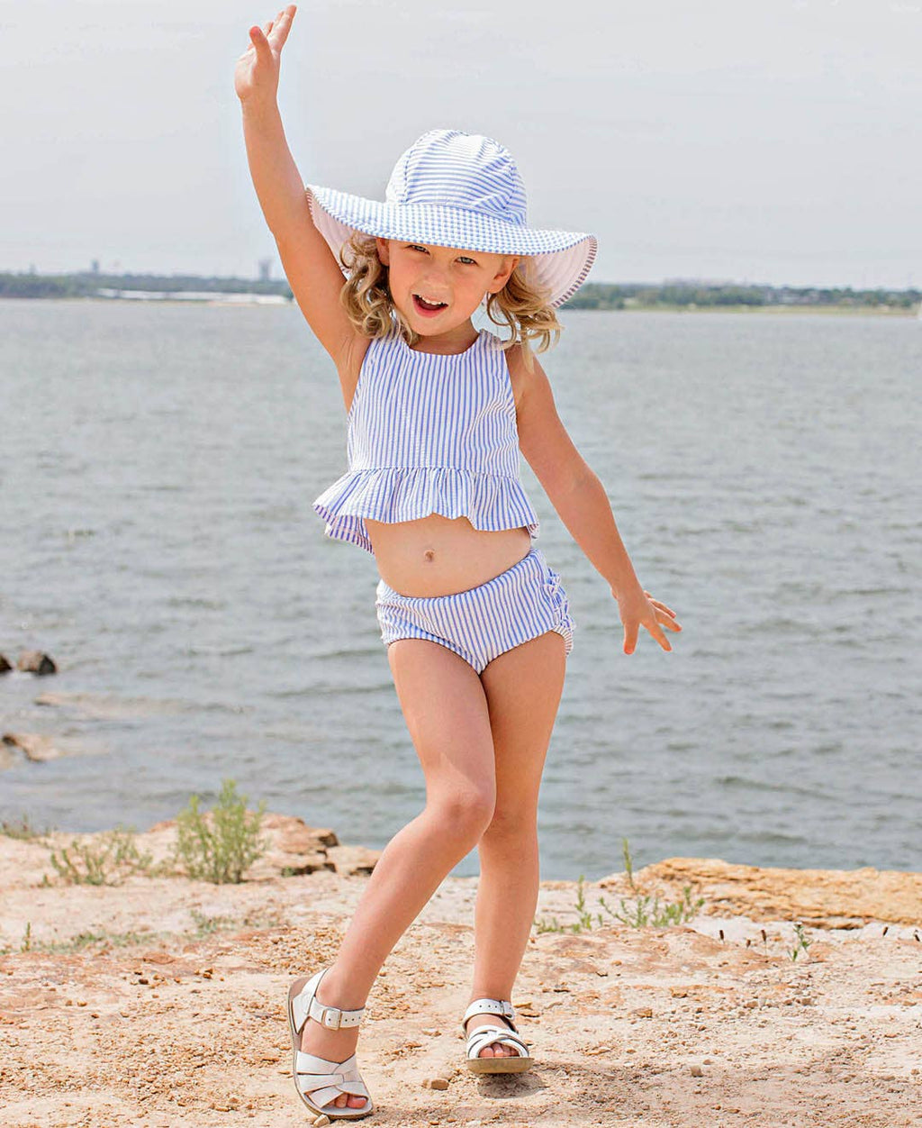 Girls Periwinkle Blue Seersucker Peplum Tankini 2-Piece Swimsuit with Signature Rear Ruffles