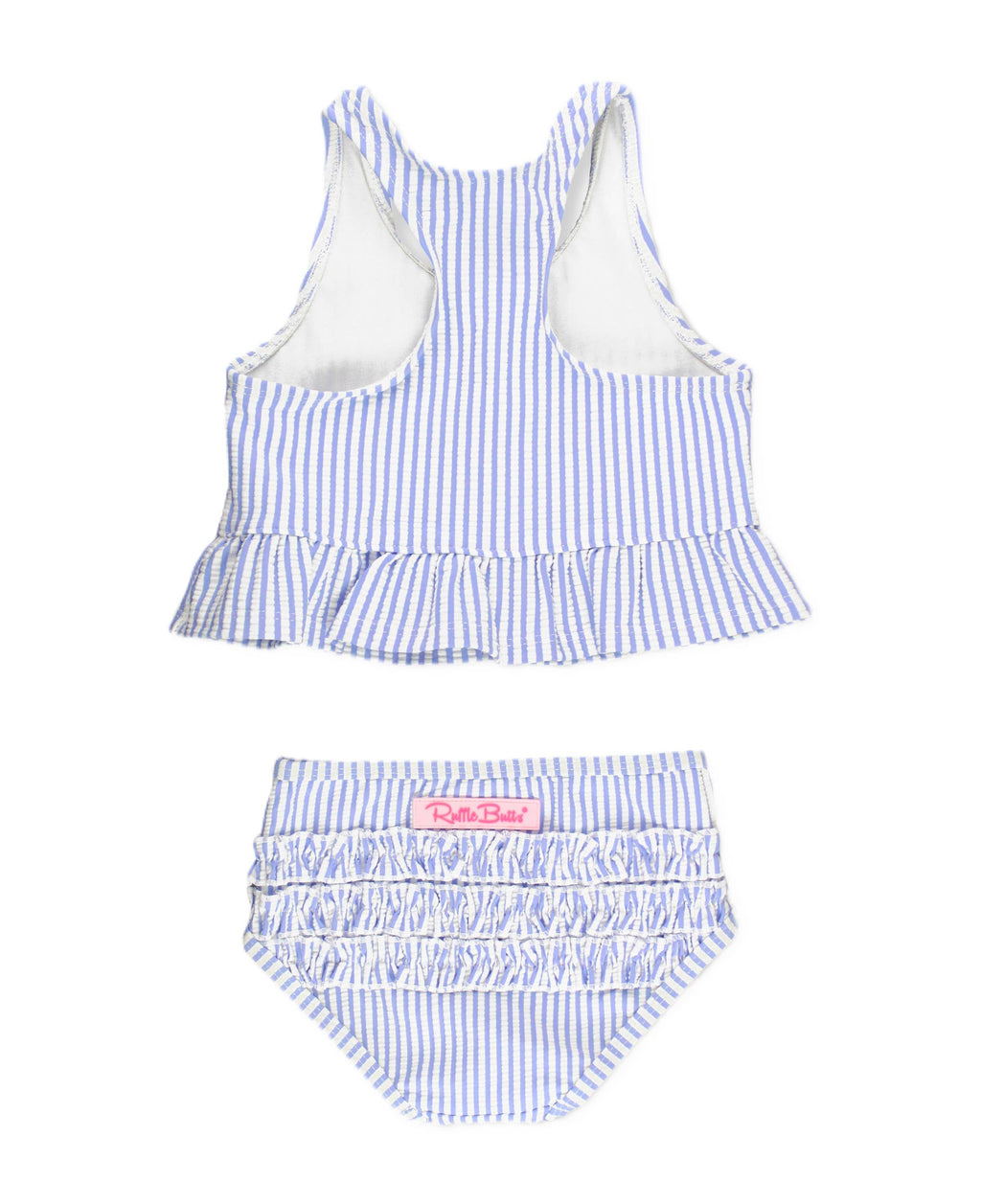 Girls Periwinkle Blue Seersucker Peplum Tankini 2-Piece Swimsuit with Signature Rear Ruffles