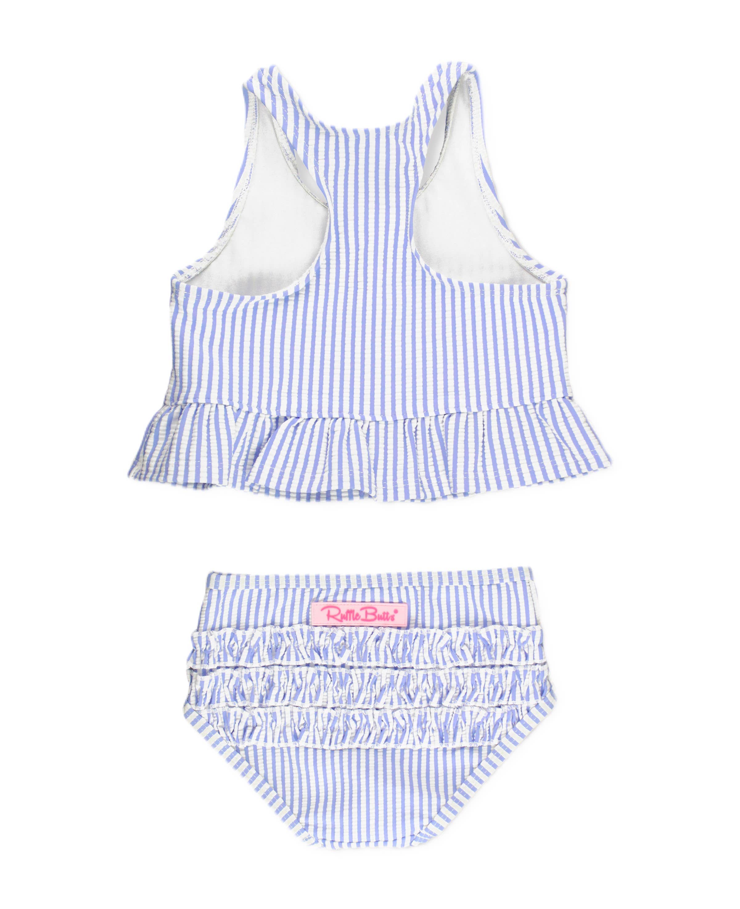 Girls Periwinkle Blue Seersucker Peplum Tankini 2-Piece Swimsuit with Signature Rear Ruffles