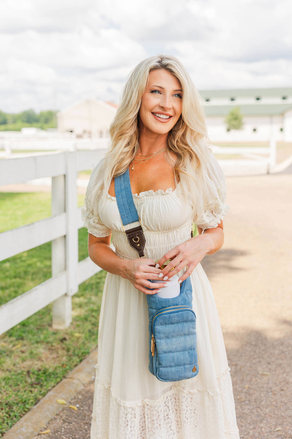 Light Denim HydroBag® with Gold Hardware and Denim overlaid Vegan Leather Strap