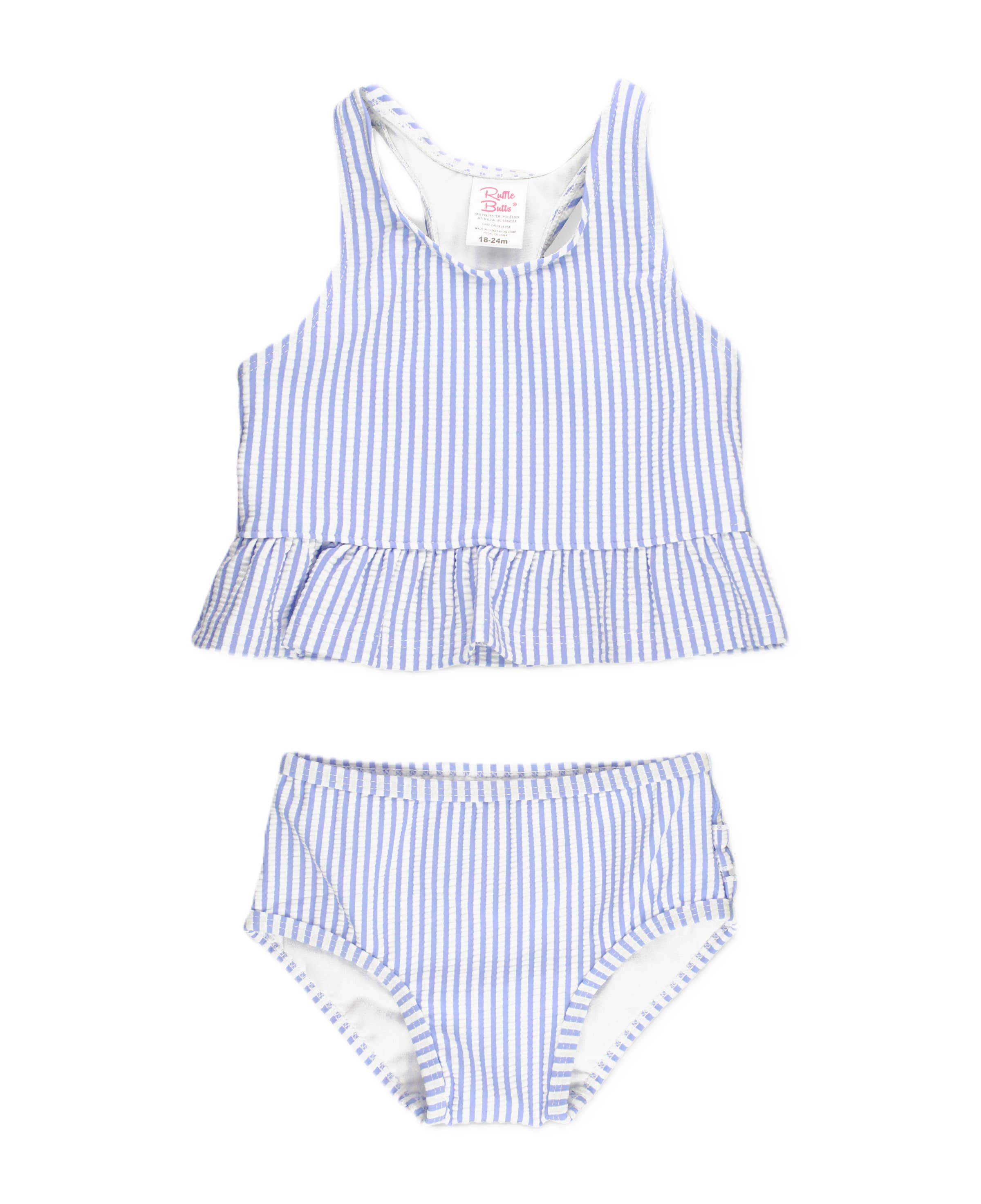 Girls Periwinkle Blue Seersucker Peplum Tankini 2-Piece Swimsuit with Signature Rear Ruffles