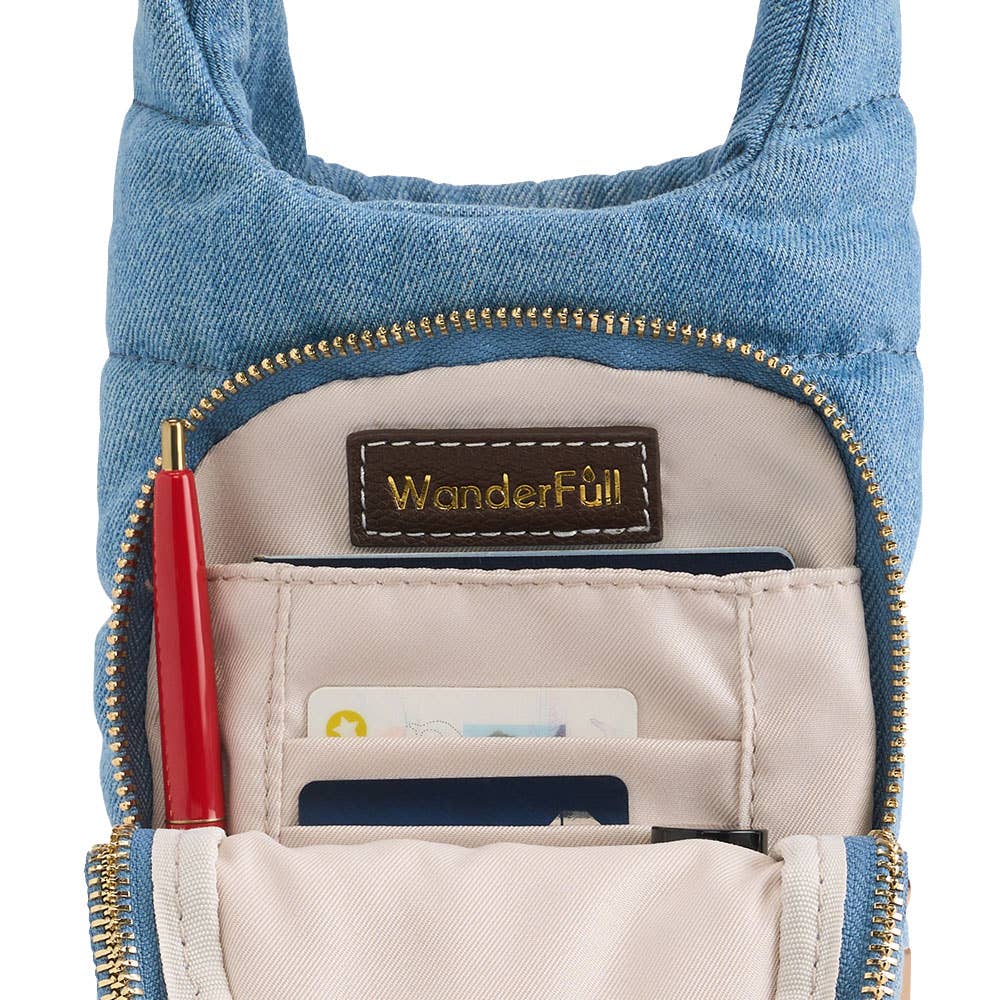 Light Denim HydroBag® with Gold Hardware and Denim overlaid Vegan Leather Strap