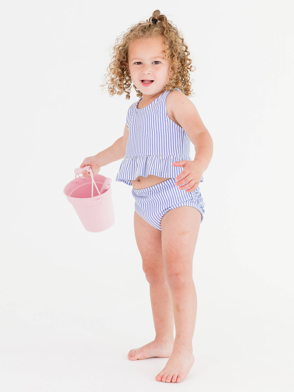 Girls Periwinkle Blue Seersucker Peplum Tankini 2-Piece Swimsuit with Signature Rear Ruffles